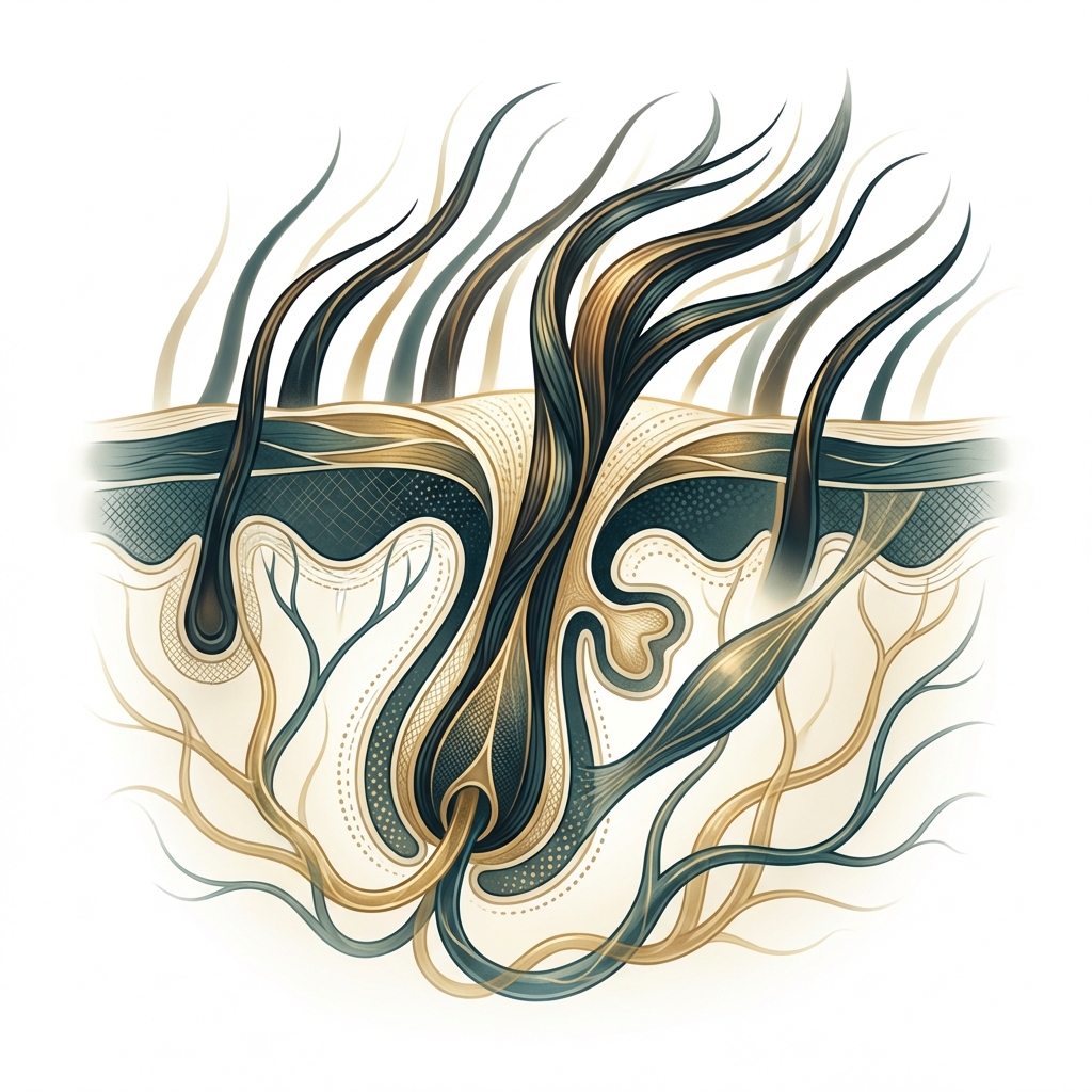 Stylized illustration of hair follicles growing naturally through skin, representing the FUT trichophytic closure technique