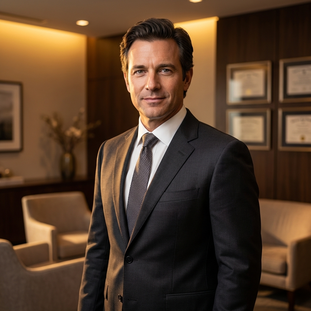 Confident professional man with natural full hair representing successful results from a hair restoration surgeon for celebrity clients