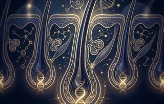 Stylized molecular illustration of hair follicle characteristics showing the biological science behind hair transplant donor hair characteristics