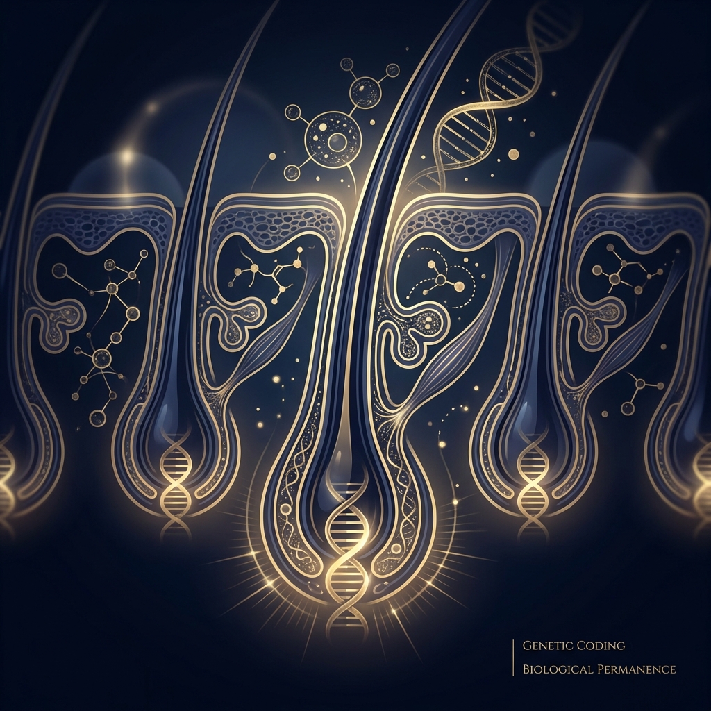 Stylized molecular illustration of hair follicle characteristics showing the biological science behind hair transplant donor hair characteristics