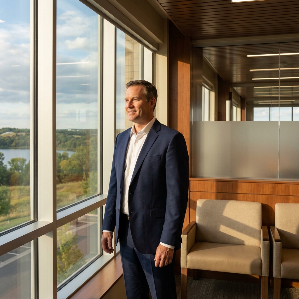 Confident man in modern Eagan Minnesota hair restoration specialist office with natural light and professional ambiance