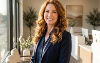 Confident woman with healthy full hair in a modern clinic, representing Minnesota hair loss doctor female specialist care