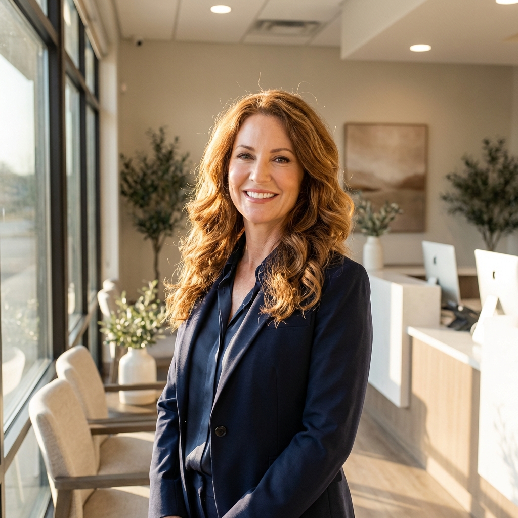 Confident woman with healthy full hair in a modern clinic, representing Minnesota hair loss doctor female specialist care