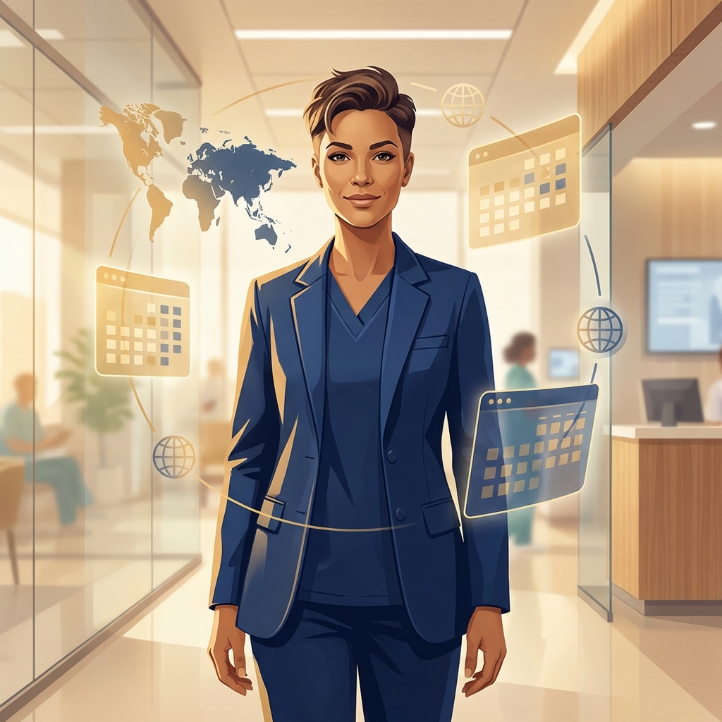 Hair transplant surgeon continuing education illustrated as a global professional journey with world maps and conference calendars