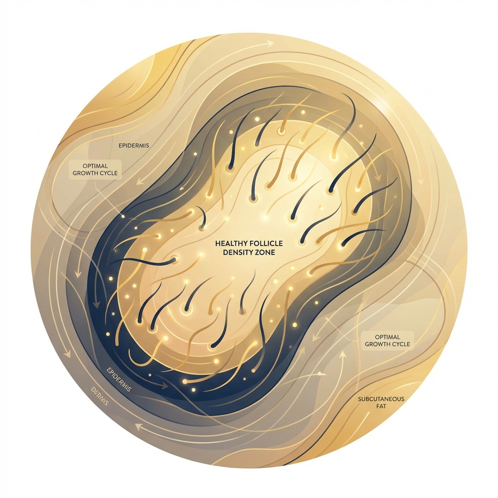 Stylized illustration of hair follicle density zones relevant to evaluating hair transplant candidacy for diffuse unpatterned alopecia