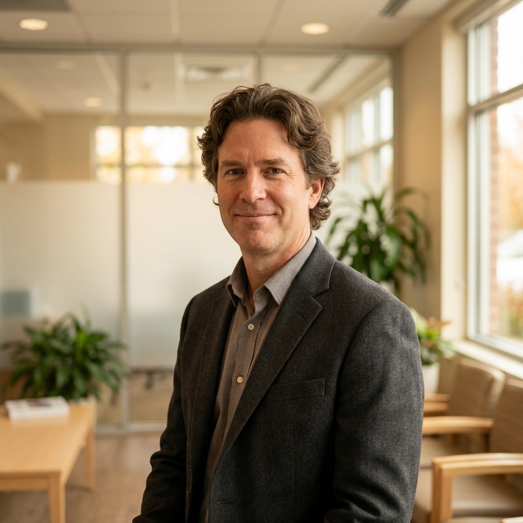 Confident man with full hair density showcasing follicular unit transplantation high graft yield results in a modern clinic setting.