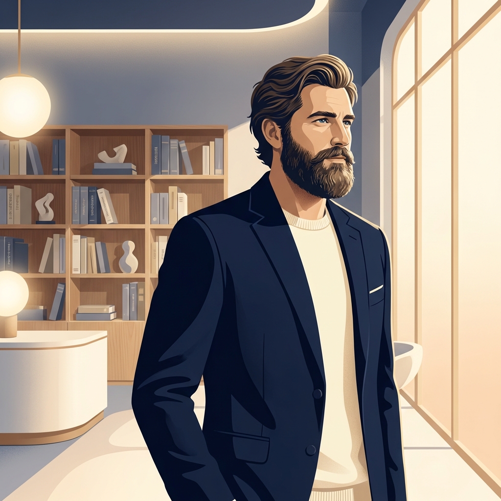 Confident man in modern hair restoration consultation space representing hair transplant density enhancement second procedure planning