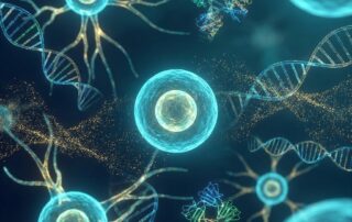 Glowing molecular illustration representing stem cell hair treatment vs PRP difference at the cellular level