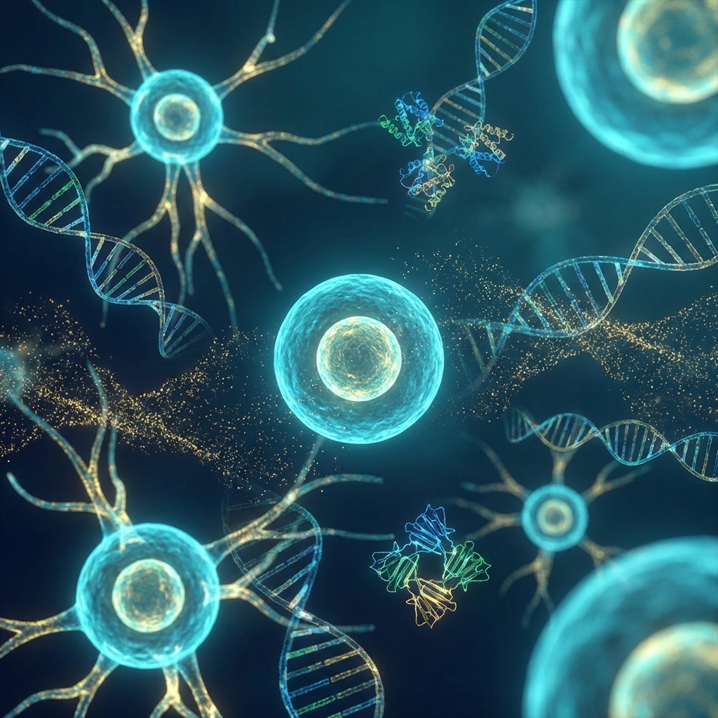 Glowing molecular illustration representing stem cell hair treatment vs PRP difference at the cellular level