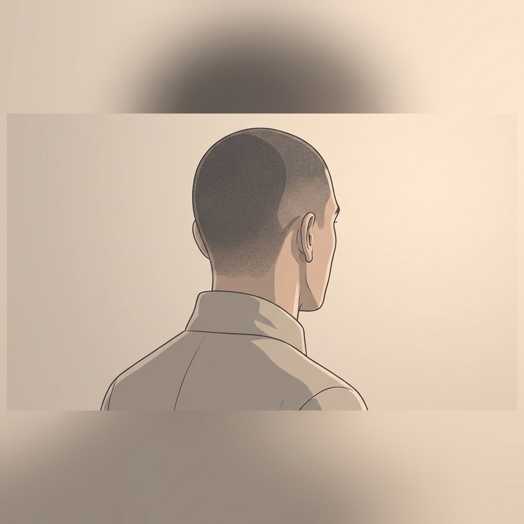Illustration showing the back of a man's head with short-cropped hair, representing FUE hair transplant donor area appearance after surgery.