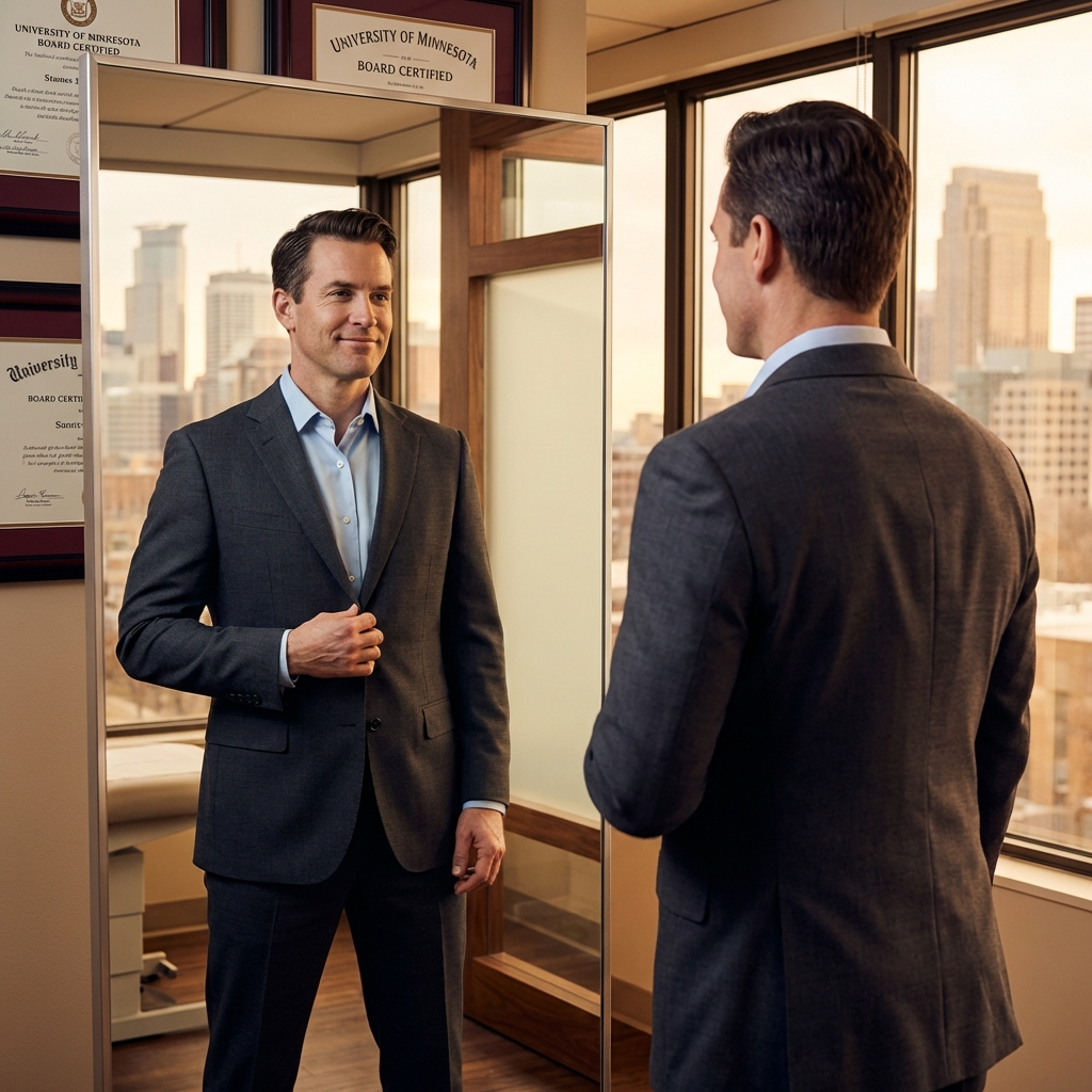 Confident man viewing his reflection in a modern Twin Cities hair restoration consultation office with credentials on the wall.