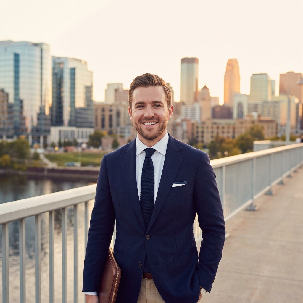 Confident man with full hair against Twin Cities skyline representing competitive hair restoration pricing in Minnesota