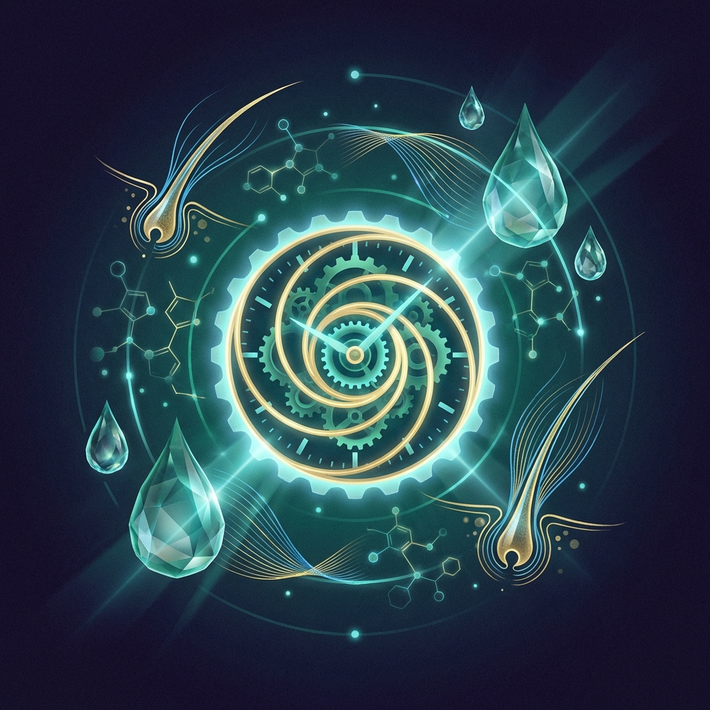 Stylized illustration representing hair transplant graft storage solution viability with glowing follicles and biochemical clock imagery