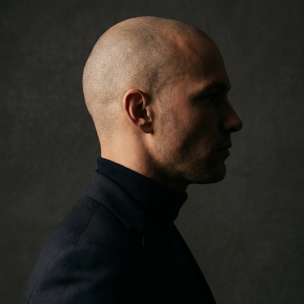 Confident man showcasing a clean scalp micropigmentation shaved head look under dramatic studio lighting