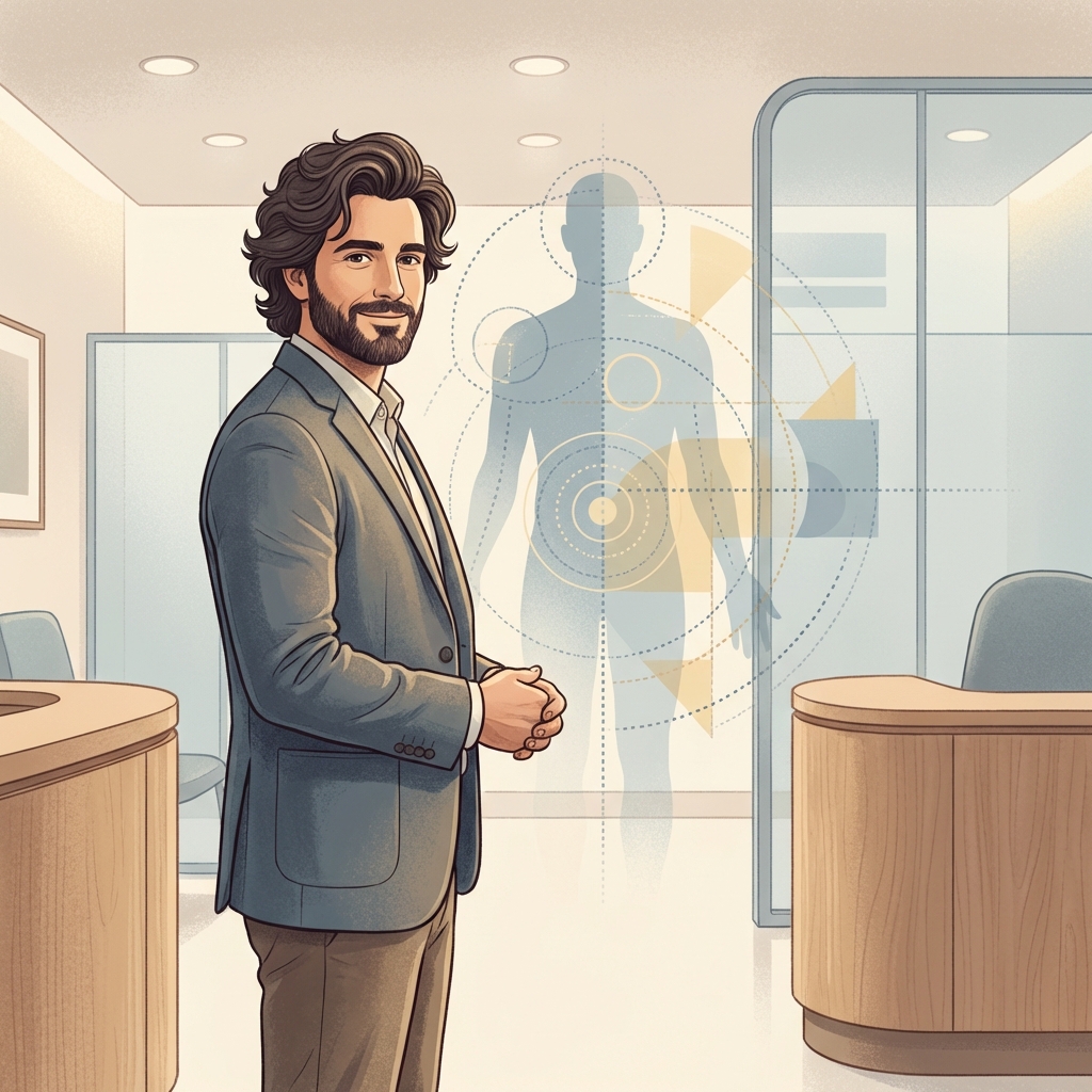 Confident man with restored hair in a modern clinic setting, representing FUE hair transplant body hair donor planning.