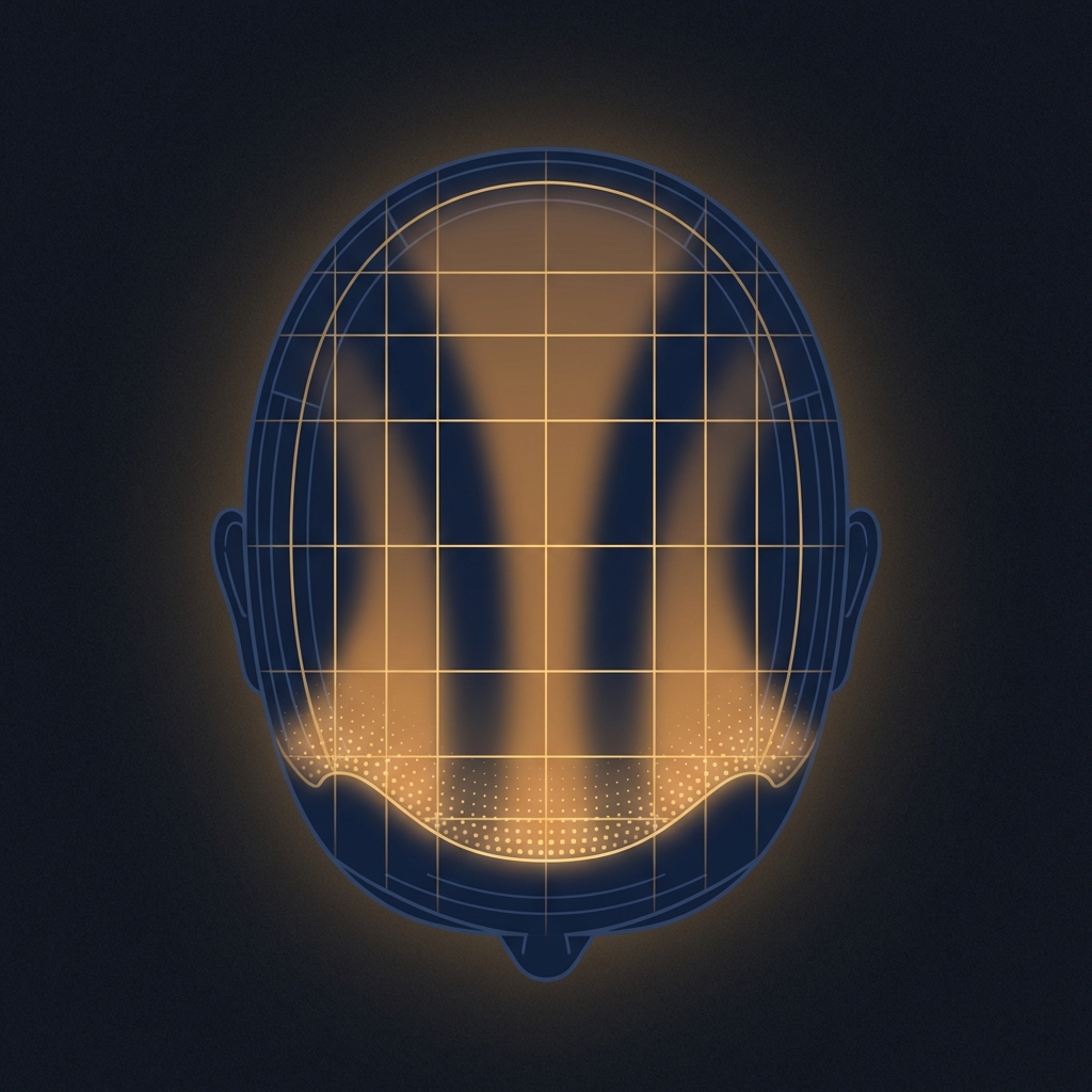Stylized 3-zone scalp density blueprint illustration representing hair transplant graft placement density calculation