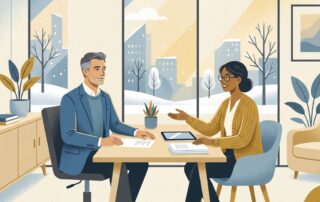 Man reviewing Minnesota hair loss treatment payment plans with a financial advisor in a modern office setting