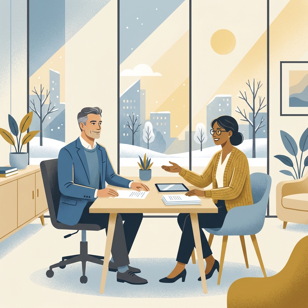 Man reviewing Minnesota hair loss treatment payment plans with a financial advisor in a modern office setting