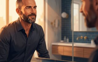 Man confidently assessing his hair in a mirror, representing a structured hair loss pattern Norwood scale assessment