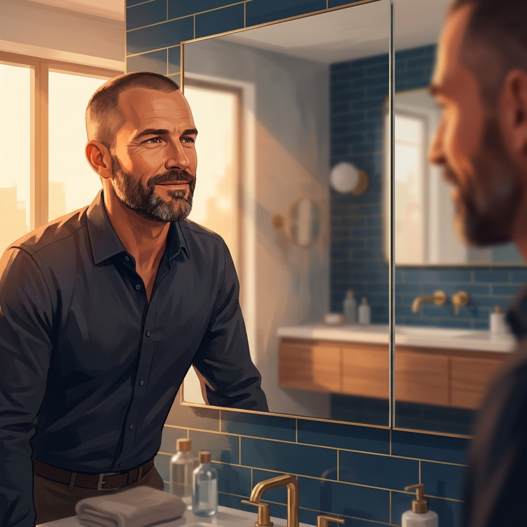 Man confidently assessing his hair in a mirror, representing a structured hair loss pattern Norwood scale assessment