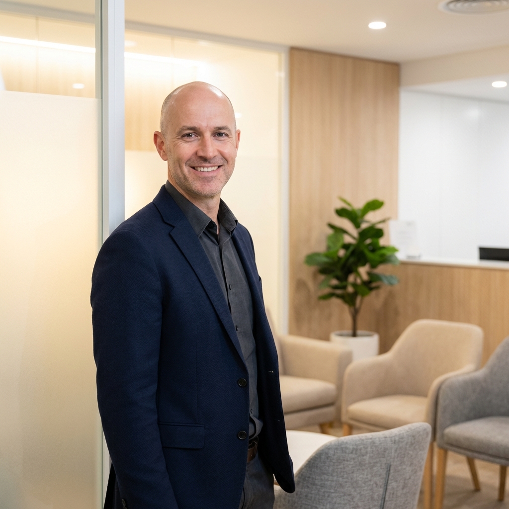 Confident man with shaved head in a professional scalp micropigmentation medical clinic setting