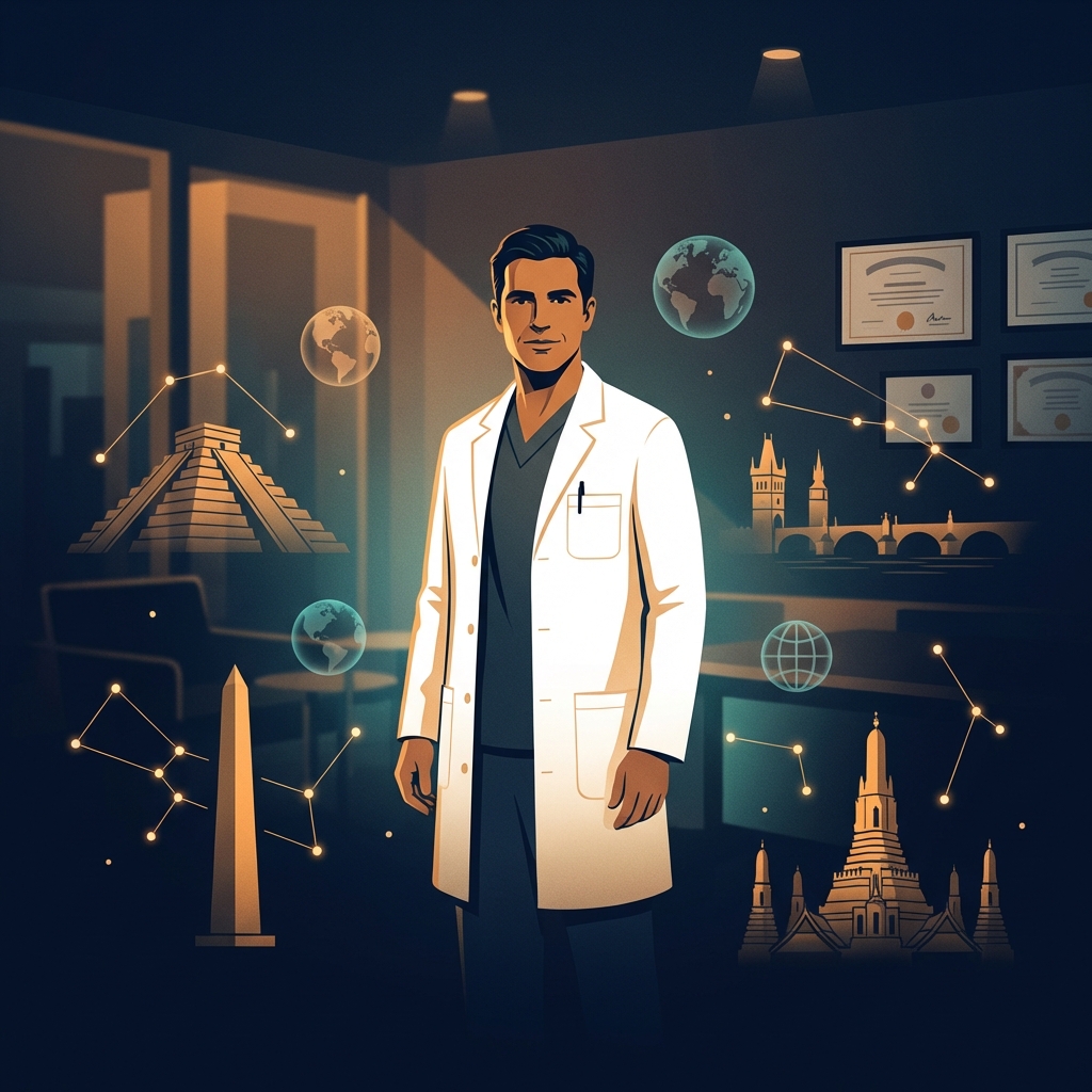 Illustration of a hair transplant surgeon with international training credentials and global city landmarks in background