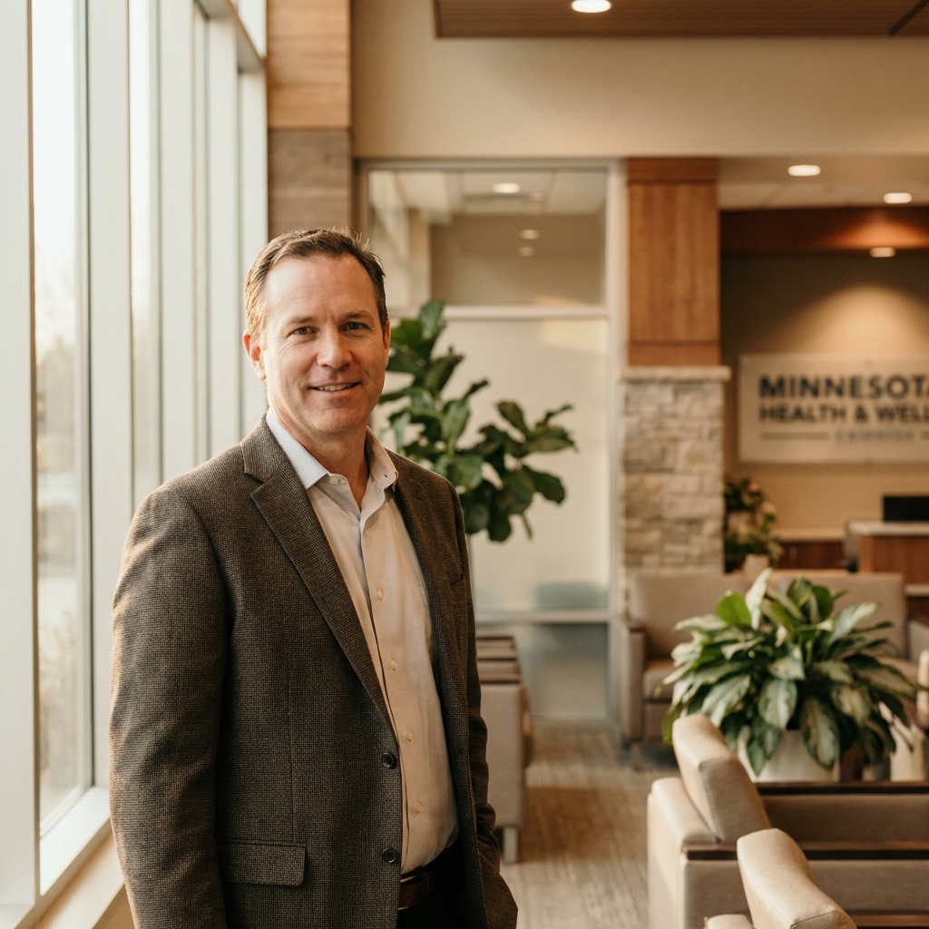 Confident man in modern Minnesota hair loss treatment clinic, embodying the results of a comprehensive multi-therapy approach.