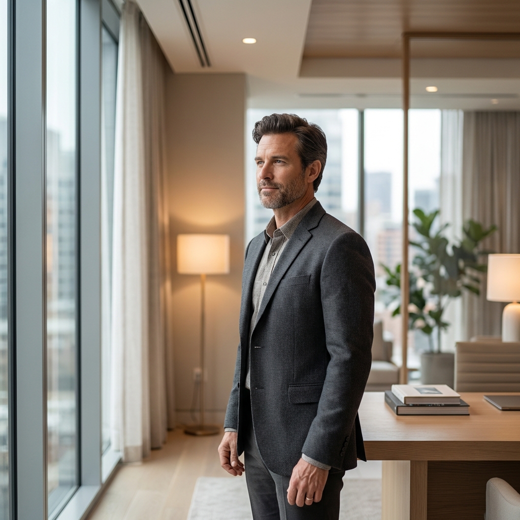 Confident man in modern consultation room representing informed choice between scalp micropigmentation vs hair transplant