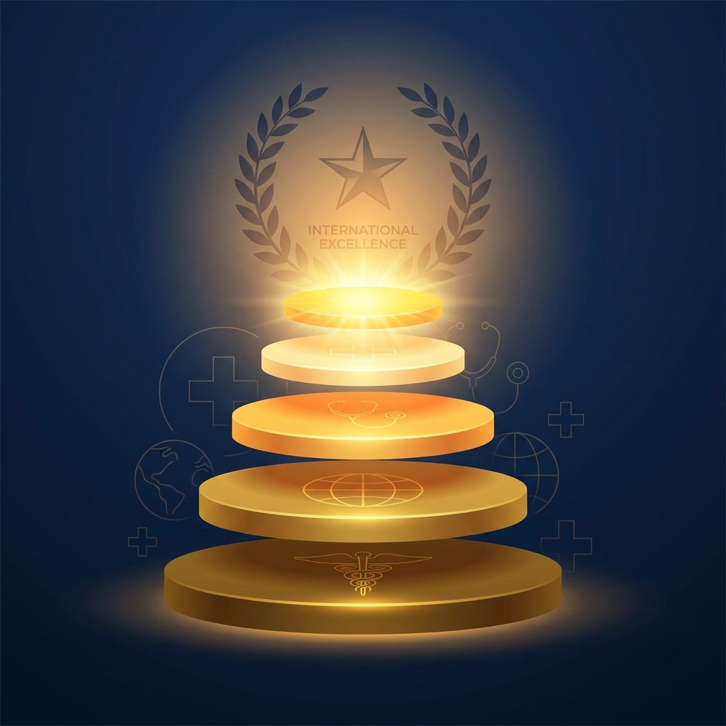 Five-tier golden hierarchy representing hair restoration surgeon international recognition levels and peer validation