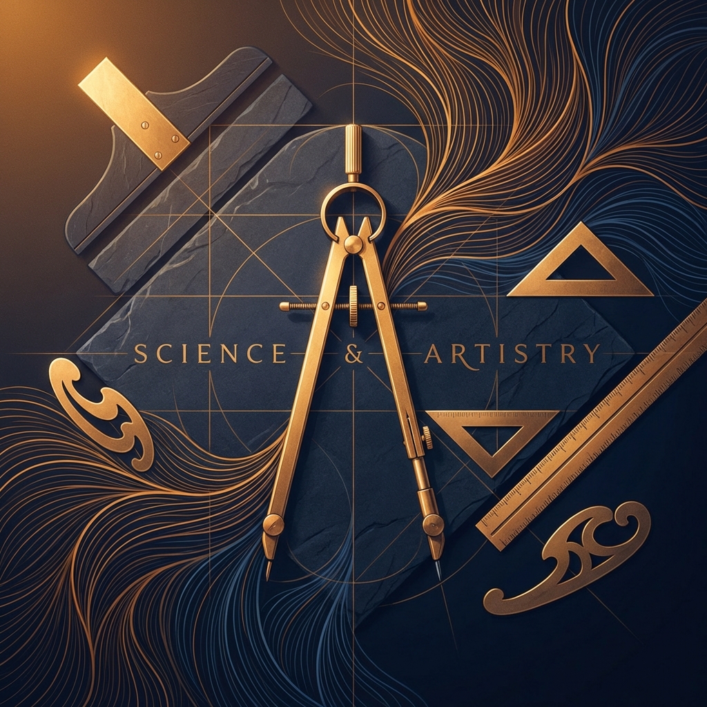 Artistic drafting compass and design tools representing hair transplant artistic design principles and natural hairline planning