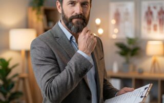 Confident man reviewing a checklist before choosing a beard hair transplant clinic near him