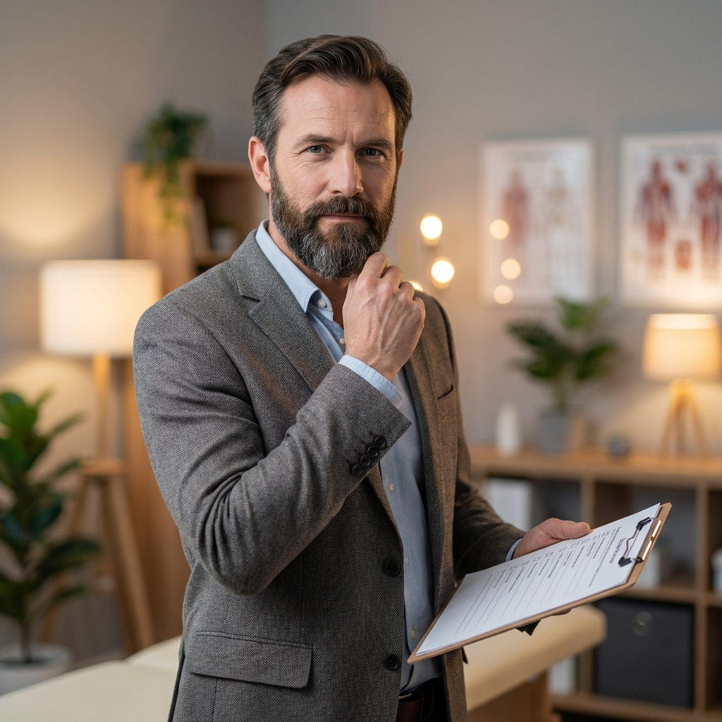 Confident man reviewing a checklist before choosing a beard hair transplant clinic near him