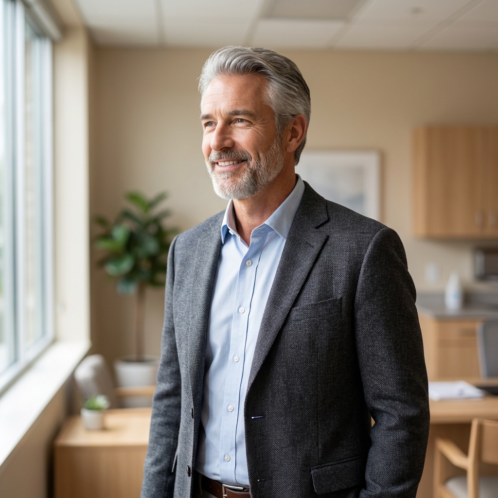 Confident older man with full natural hair, representing successful hair transplant results for men over 60