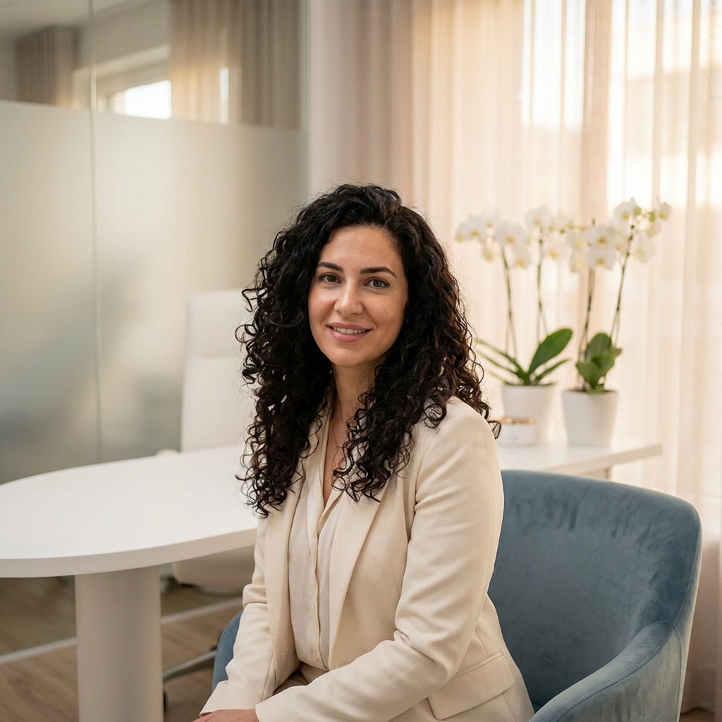 Woman with full healthy hair relaxing in a modern treatment room, representing Alma TED needle free hair treatment results