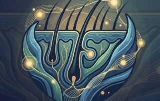 Stylized medical illustration of protected hair follicle grafts representing hair transplant recipient site bleeding control