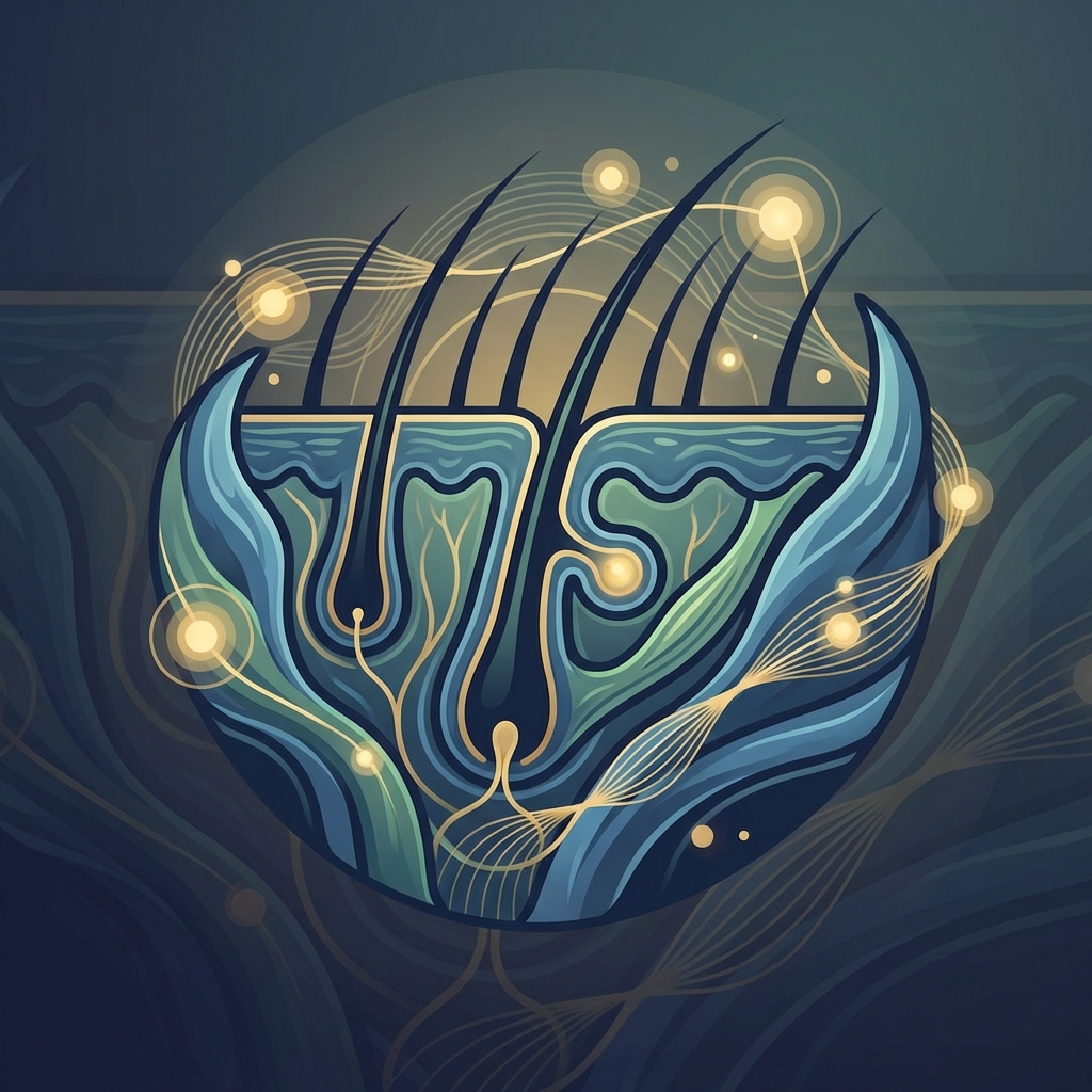 Stylized medical illustration of protected hair follicle grafts representing hair transplant recipient site bleeding control