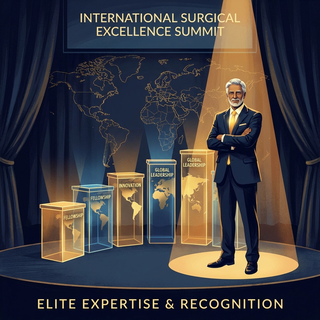 Illustration of an elite hair restoration surgeon global workshop presenter standing on a prestigious international stage
