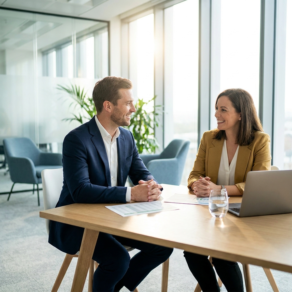 Man reviewing hair restoration financing medical loan approval documents with a financial advisor in a modern office