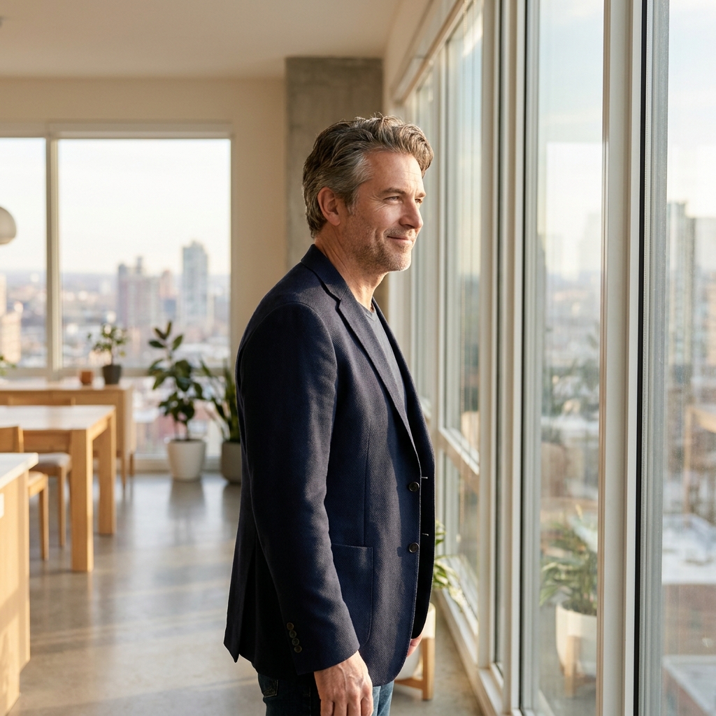 Confident man with full healthy hair gazing out a window, representing successful hair restoration procedures