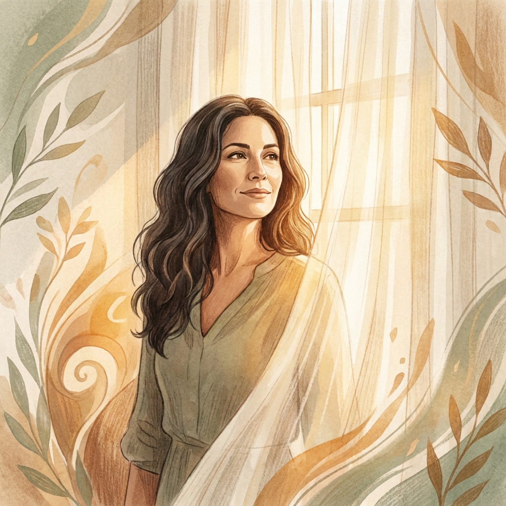 Confident woman with healthy hair near sunlit window symbolizing hormonal hair loss treatment and renewal