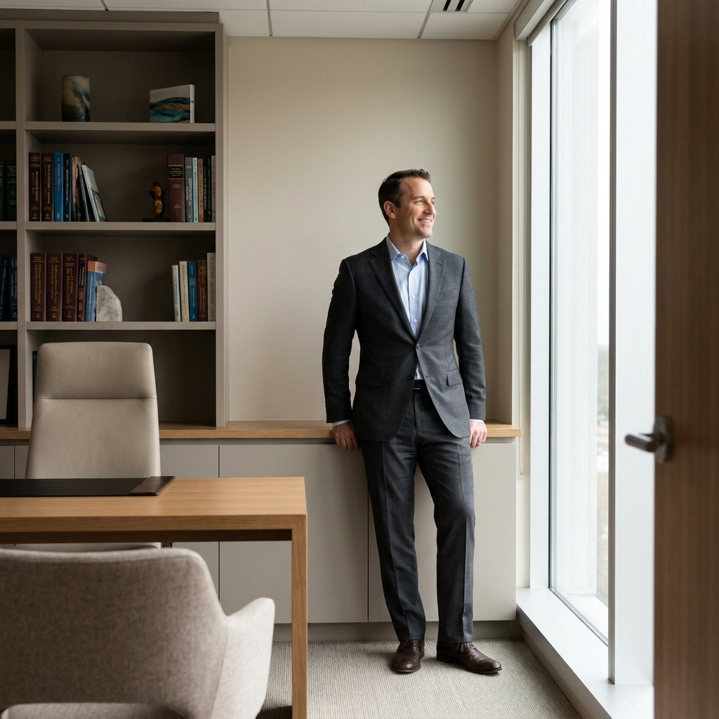 Confident man in modern consultation office representing trust in choosing a qualified hair restoration doctor