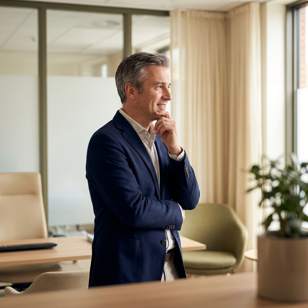 Confident man contemplating FUE vs FUT hair transplant procedure decision in a modern consultation setting