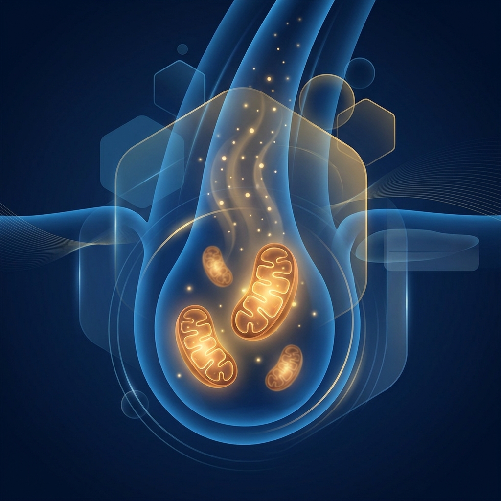 Stylized illustration of energized hair follicle mitochondria representing low level laser therapy hair loss clinical evidence