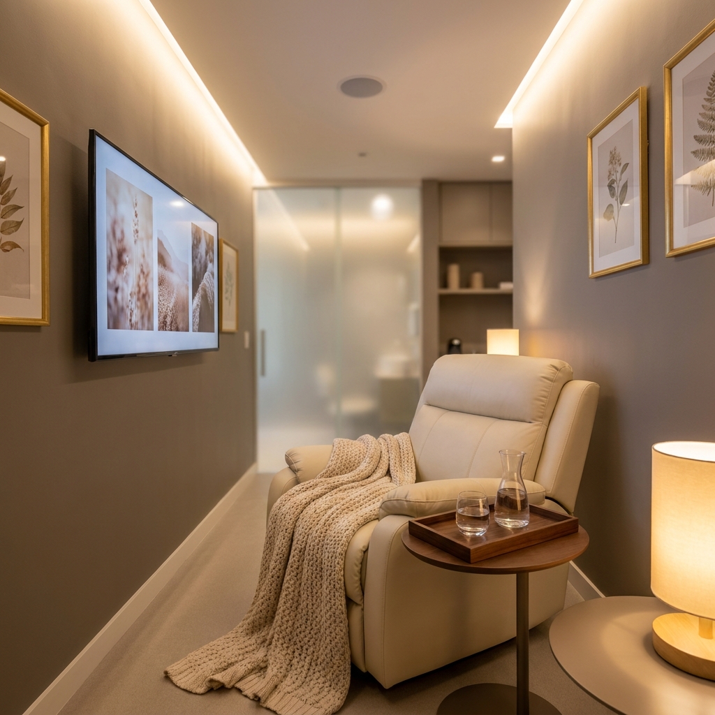 Calm, modern clinic room with comfortable reclining chair, representing hair transplant anesthesia comfort and patient care