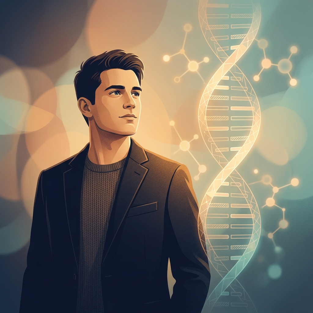 Young man contemplating hair loss causes under 30, with DNA and genetic elements in background