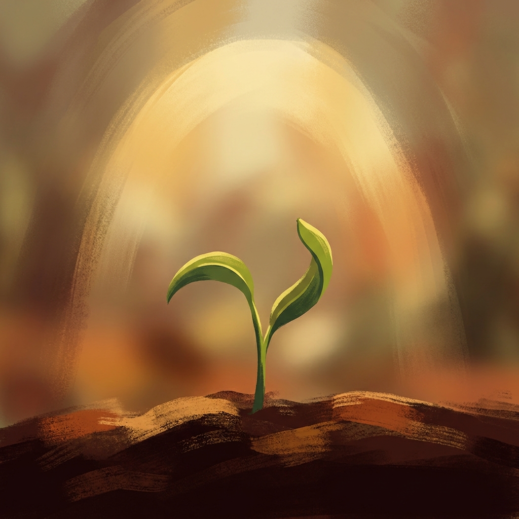 Green seedling sprouting from soil in golden light, symbolizing hair regrowth and recovery after hair transplant shock loss