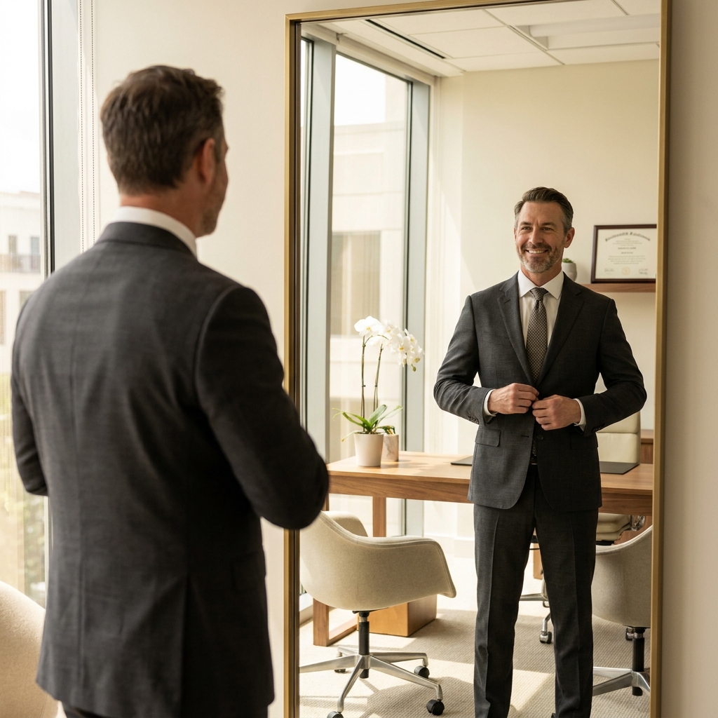 Confident man in modern hair restoration clinic consultation room — choosing the right hair transplant surgeon