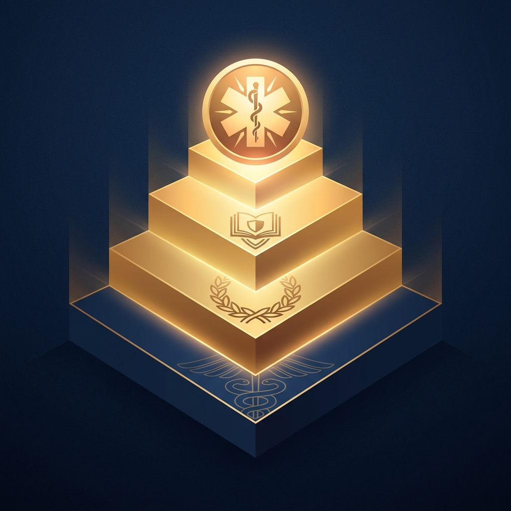 Gold tiered hierarchy emblem representing ISHRS member surgeon hair transplant quality standard credential levels