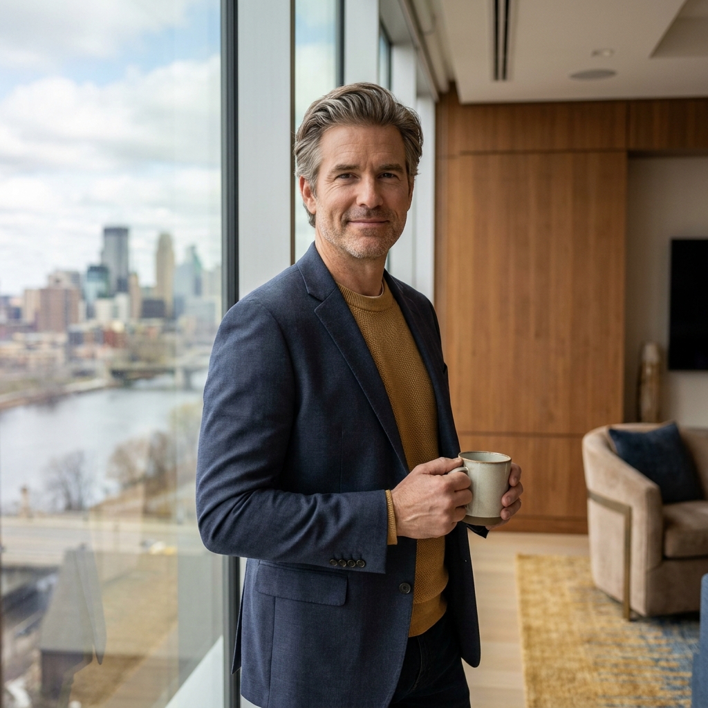 Confident man with full healthy hair in modern Twin Cities setting, representing hair transplant cost Minnesota 2026 results