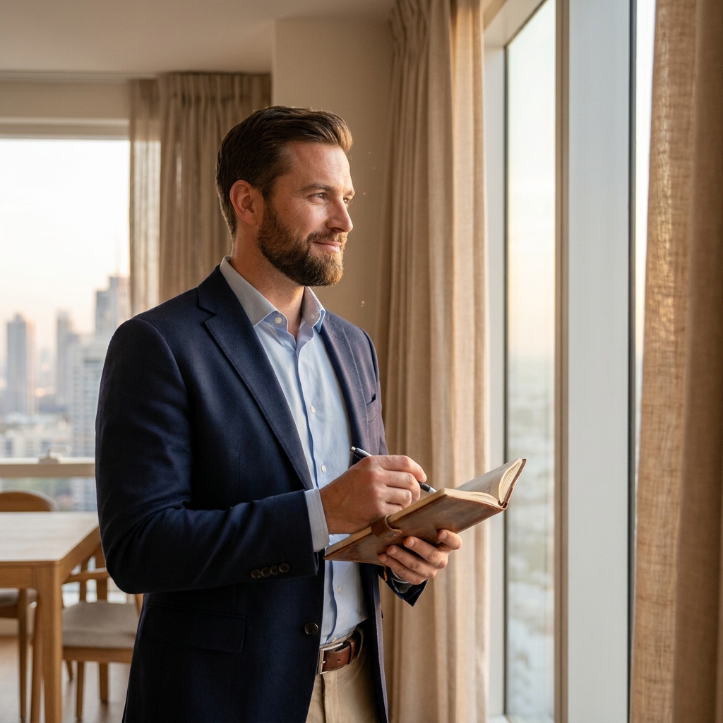 Confident man contemplating hair transplant vs hair system pros and cons in a modern, warmly lit setting.